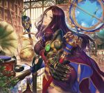  1girl absurdres ass bird blue_eyes book breasts dress fate/grand_order fate_(series) glasses highres large_breasts leonardo_da_vinci_(fate) looking_at_viewer mechanical_arms plant red_dress simosi single_mechanical_arm staff 