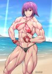  1girl abs covered_nipples fingerless_gloves makeup muscular muscular_female purple_hair solo tagme 