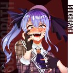  1girl absurdres black_gloves blood blood_on_face blue_eyes blue_hair blush buttons double-breasted eyebrows_visible_through_hair gloves hair_ribbon hand_on_own_cheek hand_on_own_face hat heart heart-shaped_pupils highres hololive hoshimachi_suisei kata_isaki long_hair looking_at_viewer nose_blush open_mouth partially_fingerless_gloves ribbon shiny shiny_hair shiny_skin side_ponytail solo symbol-shaped_pupils teeth twitter_username upper_body virtual_youtuber yandere 