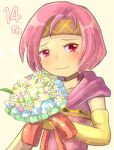  1girl bouquet detached_sleeves fire_emblem fire_emblem:_the_sacred_stones headband holding holding_bouquet hood hoodie looking_at_viewer medium_hair neimi_(fire_emblem) pinboke32 pink_hair red_eyes solo upper_body 