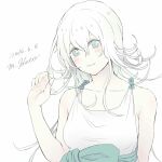  1girl blue_eyes closed_mouth collarbone curly_hair dated dress highres long_hair looking_at_viewer mizoochi_hato nier nier_(series) signature silver_hair simple_background smile solo white_background yonah 