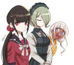  3girls :d artist_name bangs black_sailor_collar blunt_bangs blutn_bangs breast_pocket breasts brown_jacket collarbone danganronpa_(series) danganronpa_v3:_killing_harmony dark-skinned_female dark_skin dress eyebrows_visible_through_hair green_hair grey_hair grey_shirt hair_ornament hair_over_one_eye hair_scrunchie hairclip harukawa_maki jacket large_breasts long_hair long_sleeves looking_at_viewer low_twintails maid maid_headdress multiple_girls own_hands_together pinafore_dress pocket qosic red_scrunchie sailor_collar scrunchie serious shiny shiny_hair shirt short_hair small_breasts smile teeth toujou_kirumi twintails upper_body upper_teeth yonaga_angie 