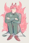  1boy animal_ear_fluff animal_ears blush brown_footwear crossed_arms earrings expressionless eyebrows_visible_through_hair film_grain fox_boy fox_ears fox_tail full_body gakuran grey_background highres jewelry jojo_no_kimyou_na_bouken kakyoin_noriaki kitsune long_sleeves looking_to_the_side mad_pingu male_focus multiple_tails pink_hair school_uniform short_hair simple_background sitting solo stardust_crusaders symbol-only_commentary tail violet_eyes 