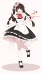  1girl :d apron bangs black_dress black_footwear black_hair bow brown_eyes cake commentary_request dress eyebrows_visible_through_hair food fox_mask frilled_apron frilled_dress frills fruit full_body han_(hehuihuihui) highres holding holding_tray long_hair maid maid_apron mask mask_on_head original puffy_short_sleeves puffy_sleeves red_bow shoes short_sleeves smile solo standing standing_on_one_leg strawberry thigh-highs tray twintails very_long_hair white_apron white_legwear 