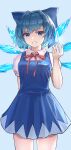  1girl absurdres bangs blue_background blue_bow blue_dress blue_eyes blue_hair blush bow bowtie breasts cirno closed_mouth collar collared_shirt dress eyebrows_visible_through_hair hair_between_eyes hand_up highres ice ice_wings light looking_to_the_side magic medium_breasts puffy_short_sleeves puffy_sleeves red_bow red_bowtie shirt short_hair short_sleeves simple_background smile solo standing teeth touhou white_shirt wings zoe_(z_o_e_7) 