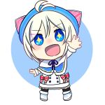  +_+ 1girl :d antenna_hair bangs beret black_legwear blue_background blue_capelet blue_eyes blue_headwear boots bow capelet chibi choco_(chocovix112) dennou_shoujo_youtuber_siro dress eyebrows_visible_through_hair full_body fur-trimmed_sleeves fur_trim hair_between_eyes hair_ornament hairclip hand_up hat long_sleeves pantyhose parted_bangs red_bow siro_(dennou_shoujo_youtuber_siro) smile solo standing two-tone_background virtual_youtuber white_background white_dress white_footwear x_hair_ornament 