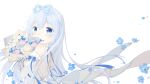  1girl back backless_dress backless_outfit bangs blue_dress blue_eyes blue_hair blue_ribbon bouquet character_request dress flower frills from_behind highres holding holding_bouquet looking_at_viewer looking_back ribbon virtual_youtuber yuka_aaaaaa 