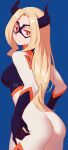  1girl ass bangs blonde_hair blue_background bodysuit boku_no_hero_academia breasts character_name domino_mask horns long_hair looking_back mask mount_lady parted_bangs parted_lips purple_bodysuit qosic red_eyes shiny shiny_hair simple_background teeth white_bodysuit 