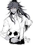  1boy alternate_costume ball bangs casual collared_shirt contemporary cropped_legs dark-skinned_male dark_skin earrings fate/grand_order fate_(series) hally highres holding holding_ball jewelry long_hair male_focus red_eyes romulus_quirinus_(fate) shirt smile soccer_ball solo spot_color tied_hair very_long_hair 