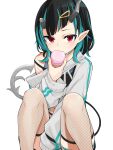 1girl bangs black_hair blue_hair blush commentary_request demon_girl demon_horns demon_tail eating feet_out_of_frame fishnet_legwear fishnets flat_chest grey_sweater grey_tank_top hair_ornament hairclip highres horns long_sleeves looking_at_viewer medium_hair migchip multicolored_hair off_shoulder official_alternate_costume pointy_ears red_eyes shishio_chris simple_background sitting solo strap_slip sugar_lyric sweater tail tank_top thigh-highs two-tone_hair virtual_youtuber white_background 