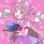  1girl blush bowl brown_hair commentary_request fang food hair_ornament hat highres indie_virtual_youtuber long_hair looking_at_viewer natori_sana nurse_cap pink_background sana_channel simple_background solo toast_natto tray virtual_youtuber 