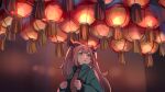  1girl agnes_digital_(umamusume) alternate_costume animal_ears blue_eyes blurry blurry_background bow china_dress chinese_clothes commentary dress ear_covers fuyukayui green_jacket hair_bow hair_flaps highres horse_ears horse_girl jacket lantern looking_up paper_lantern pink_bow pink_hair solo twintails umamusume 