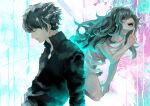  1boy 1girl :d absurdres bangs bare_arms black_hair black_shirt closed_eyes dress eto_(tokyo_ghoul) green_background green_hair grey_dress hair_between_eyes highres index_finger_raised kaneki_ken kyuuba_melo long_hair long_sleeves pink_background profile red_eyes shirt short_hair smile teeth tokyo_ghoul tokyo_ghoul:re tongue upper_body upper_teeth white_background 