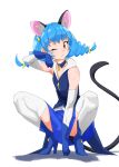  1girl animal_ears armpits bare_shoulders blue_choker blue_footwear blue_gloves blue_hair blue_skirt blue_vest boots braid cat_ears cat_girl cat_tail choker collarbone commentary cure_cosmo detached_sleeves eyebrows_visible_through_hair gloves hand_up high_heel_boots high_heels highres long_hair magical_girl orange_eyes paw_pose pleated_skirt precure shadow simple_background skirt solo squatting star_twinkle_precure tail tanabe_(fueisei) thigh-highs triangle_hair_ornament twin_braids vest white_background white_legwear white_sleeves yuni_(precure) zipper 