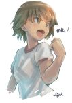  1girl :d artist_name bangs brown_eyes brown_hair clenched_hand cropped_torso girls_und_panzer gym_shirt gym_uniform highres isobe_noriko kuroneko_douji looking_to_the_side open_mouth shirt short_hair short_sleeves signature simple_background sketch smile solo upper_body white_background white_shirt 