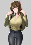  1girl alternate_costume breasts brown_eyes brown_hair casual commentary_request cowboy_shot denim green_jacket green_sweater grey_background hair_ribbon highres ise_(kancolle) jacket jeans kantai_collection large_breasts looking_at_viewer pants ponytail red_ribbon ribbon short_hair simple_background smile solo sweater z_(knkr1025) 
