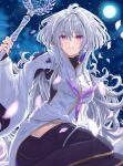  1girl absurdres ass black_gloves black_pants blush breasts fate/grand_order fate_(series) fingerless_gloves gloves highres holding holding_staff long_hair medium_breasts merlin_(fate/prototype) pants petals sakurasakimasu4 silver_hair smile solo staff very_long_hair violet_eyes white_robe 