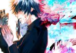  1boy absurdres bangs black_gloves black_reaper black_sclera black_shirt colored_sclera from_side gloves highres kaneki_ken kyuuba_melo long_sleeves mouth_hold multicolored_background multicolored_hair profile red_eyes redhead shiny shiny_hair shirt short_hair solo tokyo_ghoul tokyo_ghoul:re translation_request 