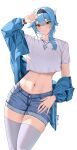 1girl absurdres alternate_costume arm_up bangle blue_hair blue_jacket blue_shorts bracelet casual closed_mouth cowboy_shot crop_top crop_top_overhang denim denim_shorts eula_(genshin_impact) genshin_impact hairband highres jacket jewelry long_sleeves looking_at_viewer medium_hair midriff navel necklace nvl off_shoulder open_clothes open_jacket shirt short_shorts short_sleeves shorts simple_background skindentation solo standing stomach thigh-highs white_background white_legwear white_shirt yellow_eyes 