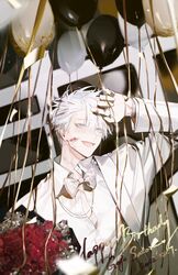  1boy arm_up balloon bangs blue_eyes bouquet bow bowtie character_name gojou_satoru hair_between_eyes happy_birthday highres jacket jujutsu_kaisen long_sleeves male_focus open_mouth qin_x5 shirt short_hair smile solo upper_body white_hair white_jacket white_shirt 