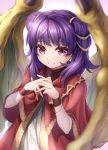 1girl bangs blush bracelet dragon_girl dragon_wings dress eyebrows_behind_hair fire_emblem jewelry long_hair looking_at_viewer multi-tied_hair myrrh_(fire_emblem) own_hands_together purple_hair red_eyes smile solo ten_(tenchan_man) twintails wings 