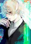  1boy absurdres bangs black_jacket blonde_hair blue_background brown_hair closed_mouth collared_shirt glasses green_background green_jacket grey_shirt hand_up highres jacket kyuuba_melo multicolored_hair nishio_nishiki outline red_eyes shiny shiny_hair shirt solo tokyo_ghoul two-tone_hair white_outline 