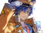  1boy aqua_eyes arm_up astel_leda bangs blonde_hair blue_hair blue_jacket eyebrows_visible_through_hair gloves hair_between_eyes hand_on_headwear hat highres holding holostars jacket looking_at_viewer multicolored_hair muuyiie necktie orange_jacket parted_lips peaked_cap red_necktie shirt sideways_glance simple_background smile solo streaked_hair upper_body virtual_youtuber white_background white_gloves white_shirt 