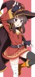  1girl bangs belt belt_buckle black_cape black_gloves blunt_bangs breasts brown_belt brown_hair buckle cape dress fingerless_gloves gloves hat kono_subarashii_sekai_ni_shukufuku_wo! megumin open_mouth pocho red_dress red_eyes short_hair short_hair_with_long_locks sidelocks simple_background small_breasts smile solo standing standing_on_one_leg witch_hat 