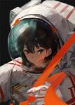  1girl :&lt; artist_name astronaut bangs black_background black_hair blurry blurry_foreground bob_cut brown_eyes chinese_commentary close-up commentary dated depth_of_field eyelashes hair_between_eyes helmet highres looking_at_viewer original parted_lips portrait raised_eyebrows reaching_out reflection short_hair signature solo spacesuit strap upper_body xilmo 