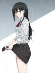  1girl absurdres black_hair blue_eyes bra_visible_through_clothes commentary highres long_hair looking_at_viewer original parted_lips school_uniform see-through shirt simple_background skirt solo tuskryo water wet wet_clothes wet_hair wet_shirt wringing_clothes wringing_skirt 