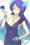  adapted_costume backless_outfit bare_back blue_fire breasts brighid_(xenoblade) chest_jewel curvy dress elbow_gloves fiery_hair fire gala_dress gloves gofelem large_breasts long_hair purple_dress purple_hair very_long_hair violet_eyes xenoblade_chronicles_(series) xenoblade_chronicles_2 