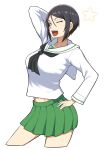  1girl ;d alternate_costume arm_behind_head arm_up bangs black_eyes black_hair blouse chouno_ami commentary_request cowboy_shot cropped_legs girls_und_panzer green_skirt hand_on_hip highres long_sleeves looking_at_viewer midriff miniskirt navel neckerchief one_eye_closed ooarai_school_uniform open_mouth pleated_skirt pose sailor_collar school_uniform serafuku short_hair simple_background skirt smile solo standing star_(symbol) swept_bangs white_background white_blouse white_sailor_collar yougata 