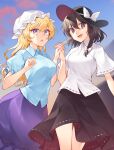  2girls :o ;d alternate_costume black_headwear blonde_hair blue_shirt blue_sky bow breasts brown_eyes brown_hair clouds collared_shirt commentary_request evening eyebrows_visible_through_hair fedora hair_ribbon happy hat hat_bow highres holding_hands kaede_(mmkeyy) large_breasts long_hair looking_at_viewer maribel_hearn medium_breasts medium_hair mob_cap multiple_girls one_eye_closed open_mouth purple_skirt ribbon ribbon-trimmed_skirt ribbon-trimmed_sleeves ribbon_trim shirt short_sleeves sidelocks skirt sky smile touhou tress_ribbon usami_renko violet_eyes white_bow white_headwear white_ribbon white_shirt wing_collar 
