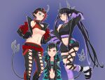  3girls bangs belt beltbra black_hair black_jacket black_pants black_ribbon black_sports_bra blue_belt blue_eyes blue_hair blunt_bangs blush breasts chain chest_belt closed_mouth clothing_cutout commentary_request cropped_jacket cross-laced_pants cross-laced_sleeves demon_girl demon_horns demon_tail ear_chain fang feet_out_of_frame flat_chest foot_out_of_frame heart horns jacket k_waremono kneehighs kojo_anna large_breasts leg_ribbon leg_up long_hair long_sleeves looking_at_another medium_breasts midriff multicolored_hair multiple_girls navel off_shoulder open_clothes open_jacket open_mouth pants pointy_ears purple_background purple_hair purple_legwear red_eyes red_sports_bra redhead ribbon ryugasaki_rene shishio_chris shoes short_hair shoulder_cutout smile sneakers sports_bra sugar_lyric tail twintails two-tone_hair under_boob very_long_hair virtual_youtuber white_footwear yellow_eyes 