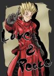  1boy black_gloves black_pants blonde_hair blue_eyes closed_mouth coat commentary_request cowboy_shot crossed_fingers english_text glasses gloves long_coat looking_at_viewer male_focus pants red_coat round_eyewear short_hair smile solo sone_(cortisone) spiky_hair sunglasses trigun vash_the_stampede 
