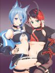  2girls ahoge animal_ear_fluff animal_ears animare bangs belt black_belt black_hair black_jacket black_nails black_pants black_shorts black_sports_bra blue_eyes blue_hair blue_nails blush breasts chain closed_mouth crop_top cross-laced_pants demon_girl demon_horns dog_ears ear_chain earrings fang fishnet_legwear fishnets hand_on_another&#039;s_face hand_on_another&#039;s_thigh headset highres horns jacket jewelry k_waremono kneehighs long_hair long_sleeves looking_at_viewer medium_breasts multicolored_hair multiple_girls nail_polish navel pants pointy_ears red_sports_bra redhead ring ryugasaki_rene short_hair short_shorts shorts souya_ichika sports_bra sugar_lyric two-tone_hair under_boob virtual_youtuber 