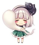  1girl bangs black_hairband blunt_bangs chibi closed_eyes closed_mouth eyebrows_visible_through_hair facing_viewer frilled_skirt frills full_body green_skirt green_vest hairband heart highres hitodama hitodama_print hug konpaku_youmu konpaku_youmu_(ghost) kyouda_suzuka medium_hair print_skirt puffy_short_sleeves puffy_sleeves shirt short_sleeves silver_hair skirt skirt_set smile touhou vest white_background white_shirt 