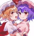  2girls blonde_hair fang flandre_scarlet hat highres looking_at_viewer mob_cap multiple_girls o_(jshn3457) pink_headwear pointy_ears puffy_short_sleeves puffy_sleeves purple_hair red_eyes remilia_scarlet short_hair short_sleeves siblings simple_background sisters skin_fang smile touhou upper_body white_background white_headwear wings 