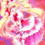  1girl aisaki_emiru blonde_hair bow bowtie cure_macherie curly_hair dress earrings gloves hair_bow highres hugtto!_precure jewelry layered_dress long_hair looking_away magical_girl nijigami_rin open_mouth pom_pom_(clothes) pom_pom_earrings precure puffy_sleeves red_background red_bow red_bowtie red_eyes smile solo thigh-highs twintails white_gloves white_legwear 