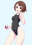  1girl absurdres black_swimsuit bob_cut brown_eyes brown_hair commentary_request commission competition_swimsuit contrapposto cowboy_shot fumiki_rikiya gloria_(pokemon) grey_background highleg highleg_swimsuit highres holding looking_at_viewer one-piece_swimsuit poke_ball pokemon pokemon_(game) pokemon_swsh short_hair simple_background smile solo standing swimsuit 