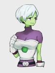  1girl bodysuit breasts cheelai colored_skin dragon_ball dragon_ball_super dragon_ball_super_broly gloves green_skin grey_background kemachiku looking_at_viewer looking_to_the_side medium_breasts pink_eyes purple_bodysuit short_hair simple_background solo white_gloves white_hair 