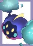  :d border commentary_request cosmog grey_border highres koma_nezumi no_humans open_mouth pokemon pokemon_(creature) signature smile solo sparkle tongue white_background yellow_eyes 