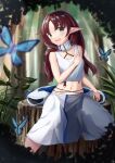  1girl absurdres ahoge akinakesu-chan animal arknights bangs bare_arms bare_shoulders blurry blurry_background blurry_foreground breasts brown_hair bug butterfly commentary_request depth_of_field eyebrows_visible_through_hair feet_out_of_frame forest green_eyes hand_up highres long_hair looking_at_viewer myrtle_(arknights) nature navel open_mouth outdoors parted_bangs pointy_ears skirt small_breasts solo tank_top tree tree_stump very_long_hair wavy_mouth white_skirt white_tank_top 