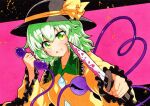  1girl :d bangs black_headwear blood blood_on_knife frilled_sleeves frills green_eyes green_hair hat hat_ribbon heart heart_of_string holding holding_knife holding_phone knife komeiji_koishi long_sleeves looking_at_viewer open_mouth phone pink_background qqqrinkappp ribbon shirt short_hair smile solo third_eye touhou traditional_media upper_body yellow_ribbon yellow_shirt 