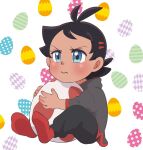  1boy :i antenna_hair black_pants blue_eyes blush brown_hair closed_mouth commentary_request egg egg_background eyelashes goh_(pokemon) grey_shirt highres holding holding_egg kawachaneel male_focus medium_hair pants pokemon pokemon_(anime) pokemon_swsh_(anime) pout red_legwear shirt socks solo younger 