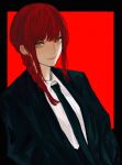  1girl @_@ black_border black_necktie black_neckwear black_suit border braid chainsaw_man closed_mouth eyelashes formal hands_in_pockets highres long_hair looking_at_viewer makima_(chainsaw_man) necktie noroma02 red_background redhead simple_background smile solo suit yellow_eyes 
