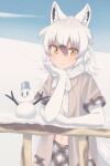  1girl animal_ears arctic_wolf_(kemono_friends) arfox10 blush brown_hair commentary_request eyebrows_visible_through_hair fur_collar gloves grey_jacket grey_skirt hair_between_eyes head_on_hand highres jacket kemono_friends kemono_friends_3 long_hair looking_at_viewer midriff multicolored_hair navel plaid plaid_skirt plaid_trim pleated_skirt shirt short_sleeves skirt snowman solo tail white_fur white_gloves white_hair white_shirt wolf_ears wolf_girl wolf_tail yellow_eyes 