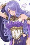  1girl armlet bangs banned_artist bare_shoulders bracelet breasts brooch camilla_(fire_emblem) dancer dancer_(three_houses) dress fire_emblem fire_emblem:_three_houses fire_emblem_fates grin hair_over_one_eye highres hip_vent jewelry large_breasts long_hair looking_at_viewer purple_dress purple_hair shimizu_akina smile solo upper_body very_long_hair violet_eyes 
