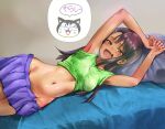  1girl absurdres alternate_costume armpits black_hair breasts brown_eyes cat check_commentary clothes_lift commentary_request dark_skin goldowl hair_ornament hairclip highres ijiranaide_nagatoro-san indoors looking_at_viewer lying nagatoro_hayase navel on_bed on_side open_mouth pillow shirt_lift skirt small_breasts solo stomach 