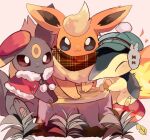  :3 beret blush closed_eyes closed_mouth commentary_request cyndaquil flareon green_headwear hat hatted_pokemon highres holding leaf no_humans plaid plaid_scarf pokemon pokemon_(creature) scarf smile tree_stump umbreon white_background yupo_0322 